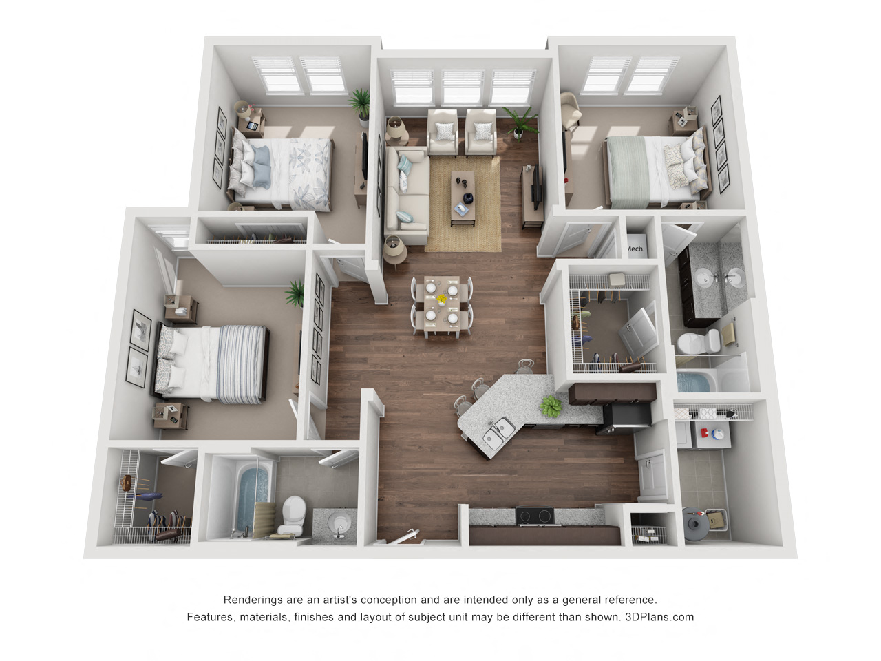 Floor plan for 3 beds, 2 baths, 1284 sqft